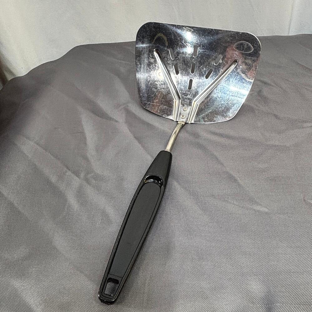 VTG Foley Slotted Spatula Wide Curved Stainless Steel Head Black Plastic Handle